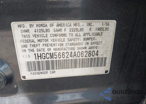 2004 Honda Accord 2.4 Ex from USA, damaged, VIN 1HGCM56624A062804